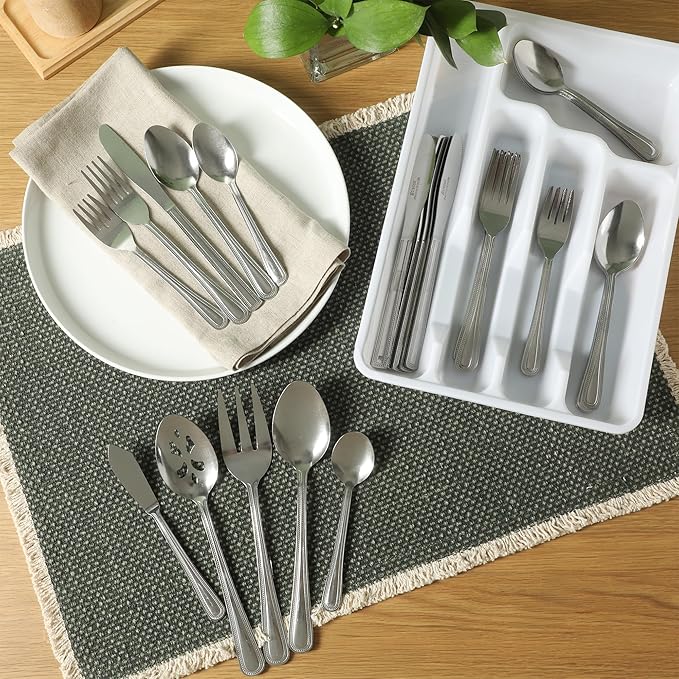 Gibson Home Aston 45-Piece Stainless Steel Flatware Set with Tray and Serving Utensils – Silverware Service for 8