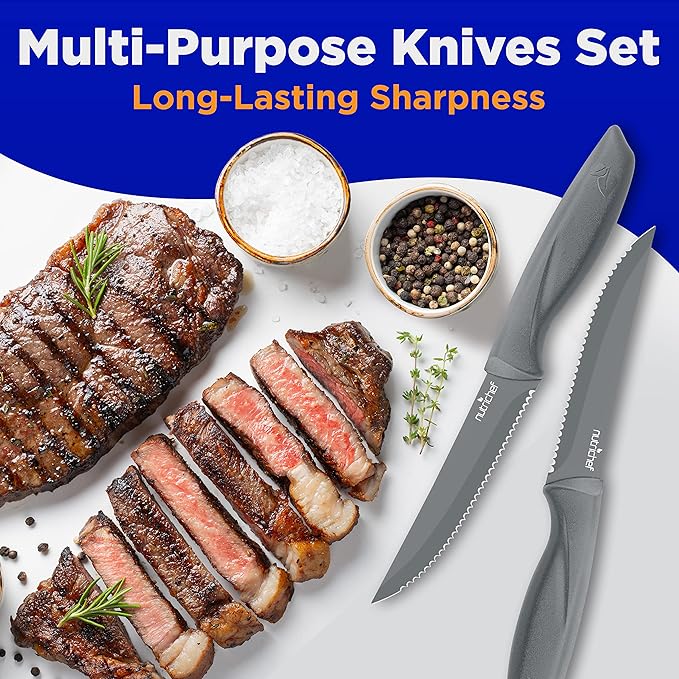 NutriChef SereneLife Stainless Steel Knife Set, 8 Pcs. - Non-Stick Coating, Sharp Serrated Blades, Professional Kitchen Set, Rust-Resistant, Dishwasher Safe, Ideal for BBQ & Grilling, Gray