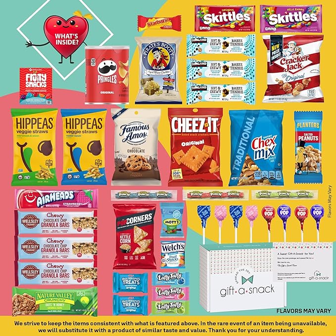 Gift A Snack - Holiday Christmas Stocking Stuffers, Snack Box Variety Pack Care Package + Greeting Card (40 Count) Xmas Birthday Sweet Treats Gift Basket, Candies Chips Crackers Bars