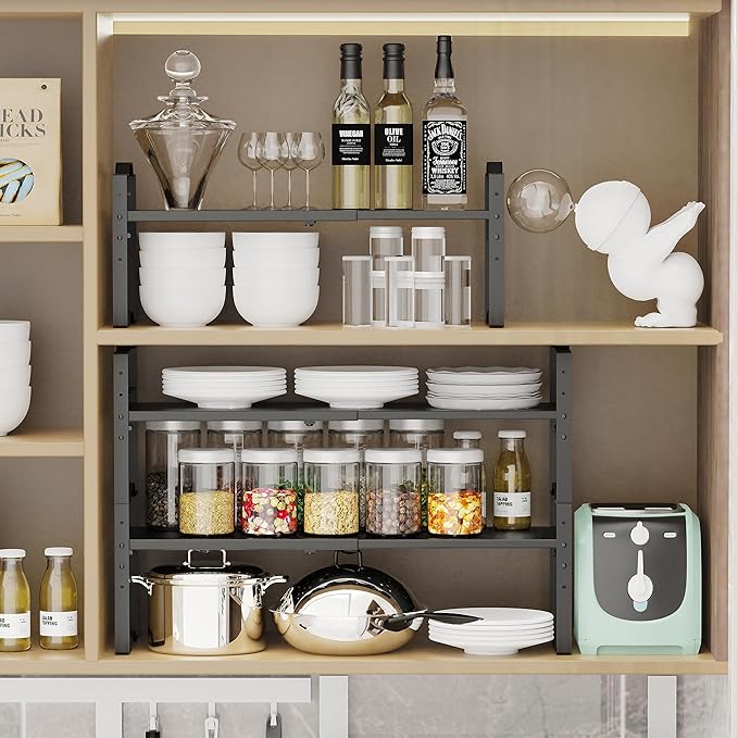 Expandable Shelf for Cabinet Organizer Adjustable Stackable Spice Rack at Kitchen and Bathroom More, Counter Countertop Cupboard Organization Pantry Storage(3 Packs/Black, Medium)
