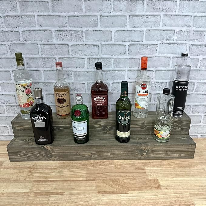 Tiered Bottle Shelf | 2 Tier Liquor Bottle Display | Bar Organization | Display Shelf | Wine Shelf | Bar Display | Kitchen Counter Shelf (24", Weathered Grey)
