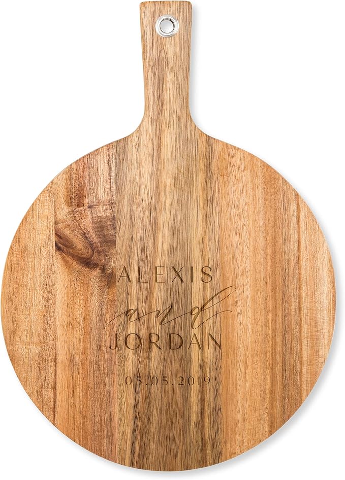 Weddingstar Personalized Wooden Round Cutting Board or Serving Board with Handle 12" x 16.5" - Modern Couple Etching