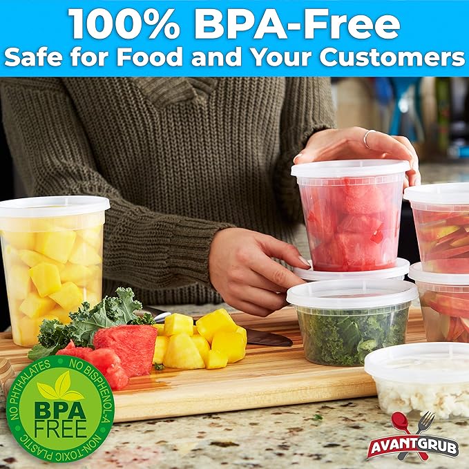 Heavy Duty Plastic Containers with Lids 12 EA Mix of Sizes 60 Containers Total. Leakproof Microwavable Portion Cup for To-Go Orders, Food Prep or Storage. Reusable Takeout Cups for Restaurant, Cafe.