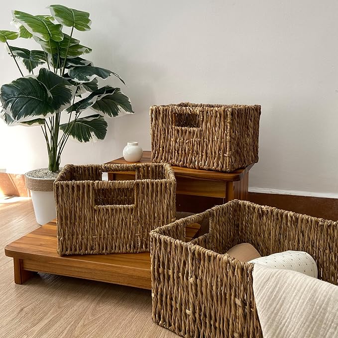 Wicker Basket Set – Stackable Storage Bins for Organizing Pantry & Kitchen – 1 Large Basket + 2 Small Baskets with Handle – Wicker Storage Baskets for Shelves & More