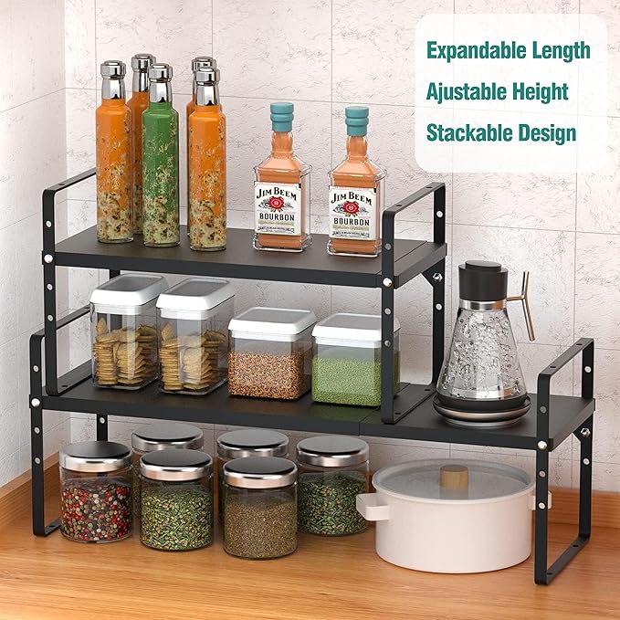Expandable Metal Shelf, 4-Tier Heavy Duty Kitchen Counter Shelf Organizer, Adjustable Shelf for Cabinet, Pantry, Countertop, 80lbs Capacity