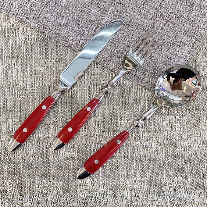 IKXO 16 Pieces Red Gum Wood Handle Silverware Set for 4, Exquisite Ergonomic Flatware Set Food-Grade Stainless Steel Cutlery Set, Tableware Eating Utensils, Mirror Finished, Dishwasher Safe…