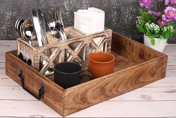 Wooden Decorative Serving Tray with Metal Handles | Wood Trays for Breakfast in Bed, Lunch, Dinner, Appetizers, Patio, Ottoman, Coffee Table, Party (15" X 11" x 2.75")