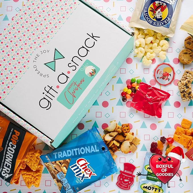 Gift A Snack - Christmas Candy Stocking Stuffers, Pre-filled Holiday Snack Box Care Package + Greeting Card (45 Count) Sweet Treats Gift Basket, Candies Chips Food Assortments & Variety Gifts