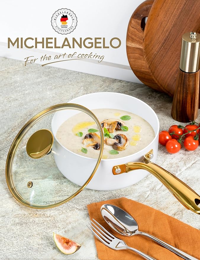 MICHELANGELO 2 Quart Saucepan with Lid, Nonstick Ceramic Sauce Pan with Ergonomic Handle, 2 Qt Small Pot, Oven-Safe, Induction-Compatible, White