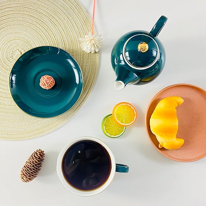 YBK Tech Ceramic Tea for One Set, 12oz Teapot and 8.2oz Cup with Saucer (Peacock Green)
