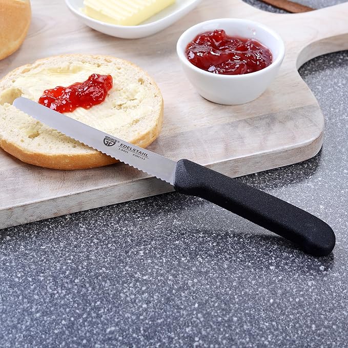 GRÄWE table knives 6 pieces, knife set for cutting, pack of 6 bread knives, breakfast knives with serrated edge on one side, knife 21 cm - Black