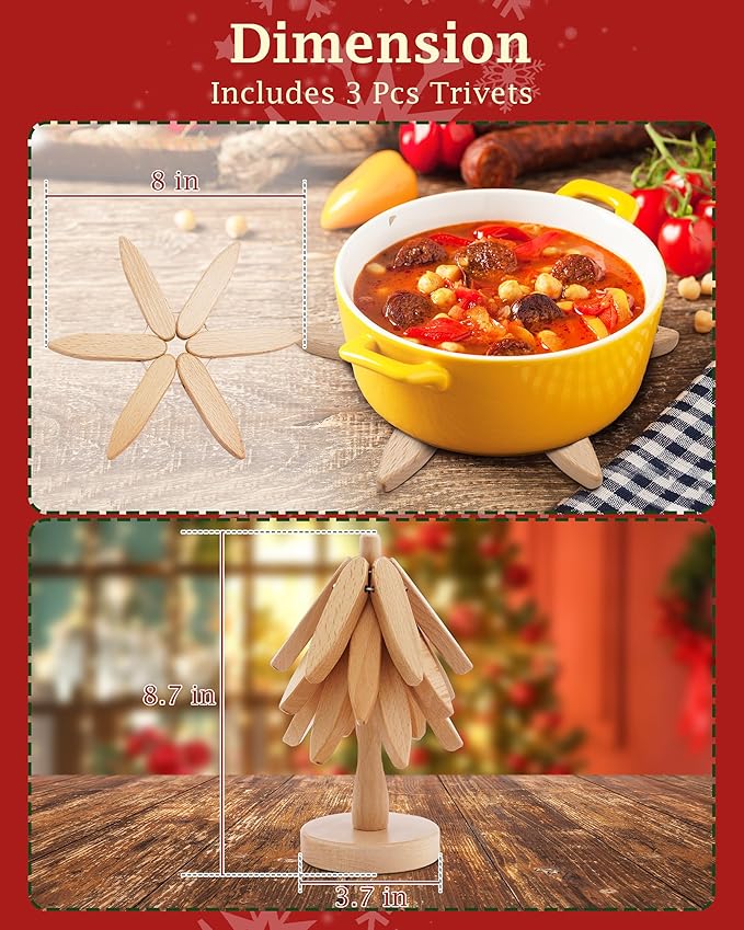 Wooden Trivets Tree for Hot Dishes, 2 Sets Natural Wood Coaster for Hot Pots and Pans, Christmas Tree-Shaped Stackling Trivets with Organizer, 8 Inch Decorative Wooden Hot Pads, 6PCS Light Wood