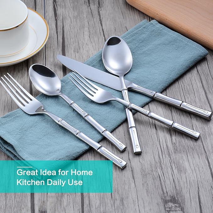 Silverware Set Stainless Steel Flatware Set 30 Pieces Cutlery Set Bamboo Handle Mirror Finished for Home Kitchen Restaurant Hotel Cutlery Set Service for 6