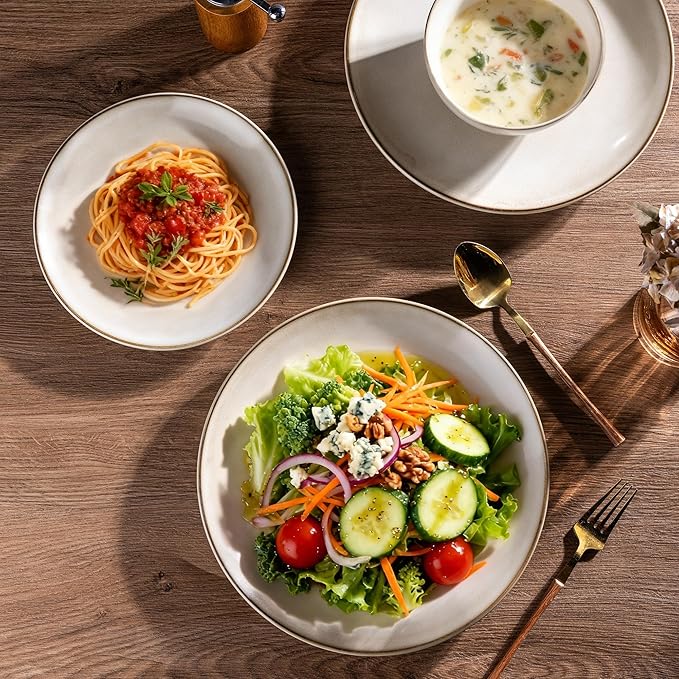 AmorArc Stoneware Dinnerware Sets for 6, 18 Pieces Handpainted Ceramic Plates and Bowls Set, Scratch Resistant Dishes Set, Dishwasher & Microwave Safe, Cappuccino