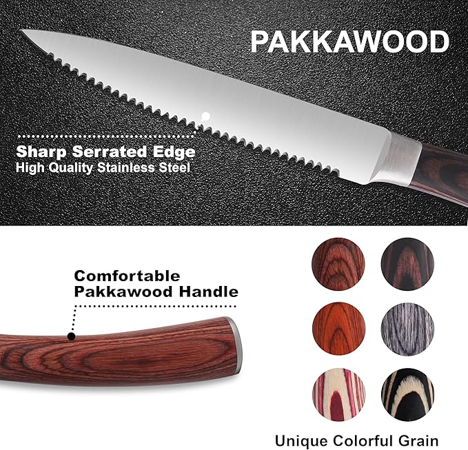 Serrated Steak Knives Set of 8, Stainless Steel Steak Knife Set with Pakkawood Handle, Fine Sharp Edge Dinner Knife with Gift Box, Steak Cutlery Set for Home Party