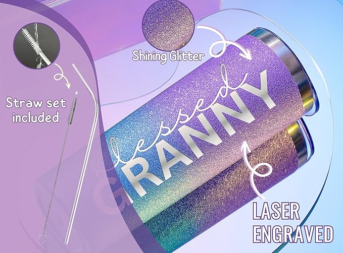 Onebttl Christian Grandma Gifts for Mother's Day, 20oz Purple & Blue Glitter Skinny Tumbler, Straw & Lid Included, Granny Gifts - Blessed Granny