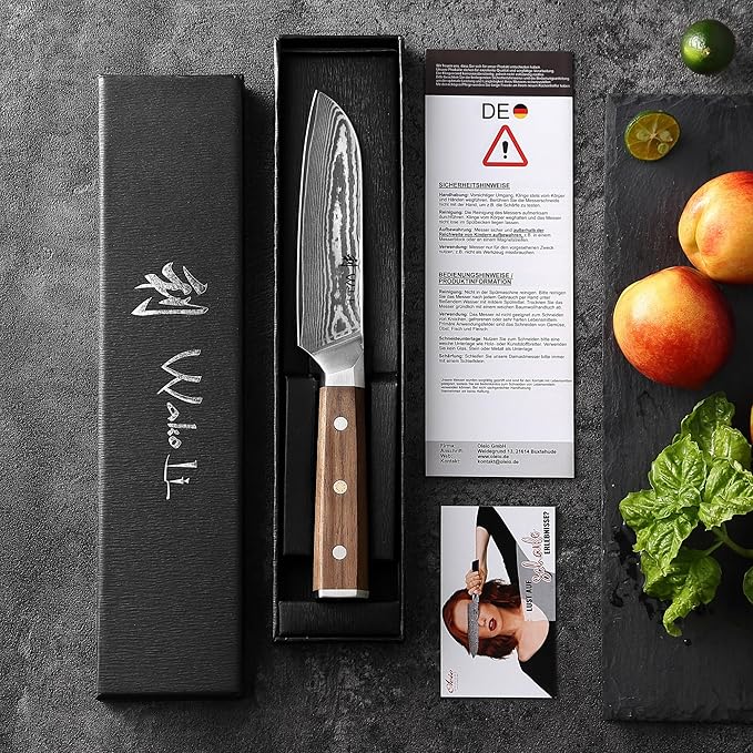 Wakoli HIK Damascus Small Santoku Knife – Full Tang Multipurpose Kitchen Knife | 5-Inch Blade Made of 67-Layer Damascus Steel with VG10 Core | Walnut Wood Handle | Sharp, Durable