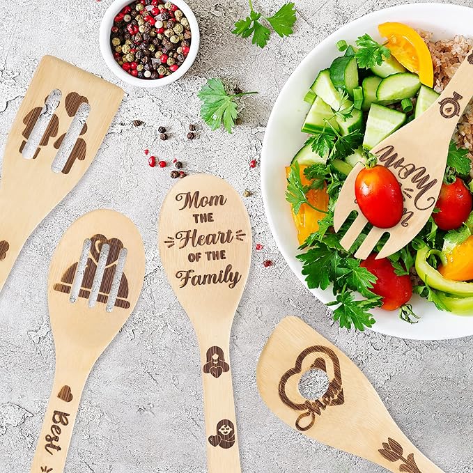 Eartim Mother's Day Wooden Spoons Utensils - 5Pcs Non-Stick Cooking Spoon Utensils Set Carve Burned Bamboo Spoons Slotted Spatula Kitchen Cookware Gadget Decor Kit Mother's Day Mom's Birthday Gift