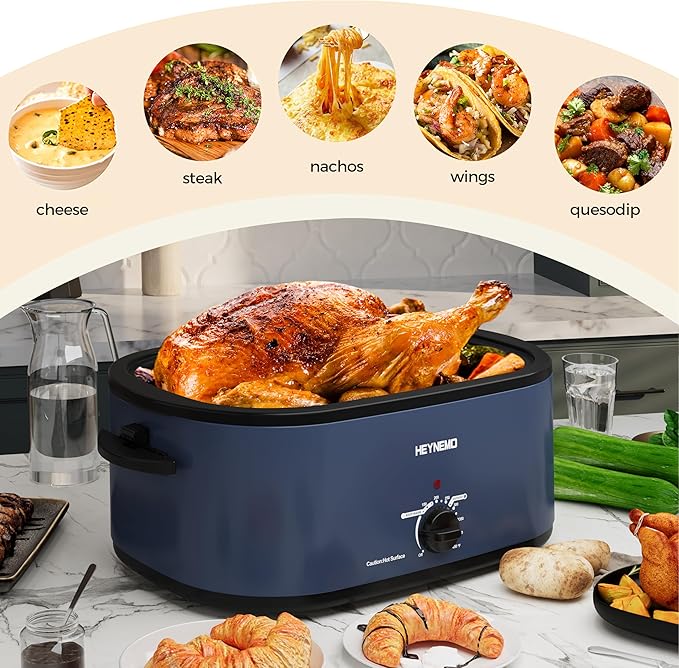 24 Quart Electric Roaster Oven with Visible & Self-Basting Lid, Large Turkey Roaster Oven with Defrost & Warm Function, Adjustable Temperature, Removable Pan & Rack, Stainless Steel, Blue
