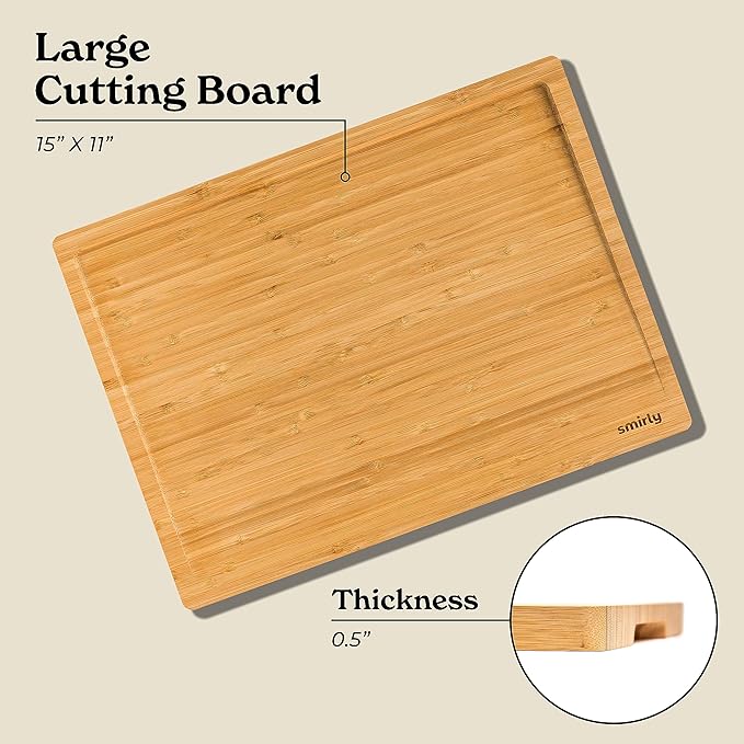 SMIRLY Large Bamboo Cutting Board for Kitchen: Large Bamboo Cutting Board with Juice Groove, Wooden Cutting Boards for Kitchen, Butcher Block Cutting Board Wood