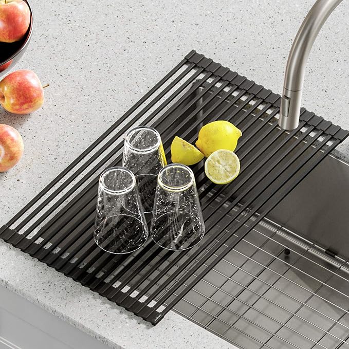 Kraus Multipurpose Over-Sink Roll-Up Dish Drying Rack, Colander and Trivet in Black, KRM-10BLACK