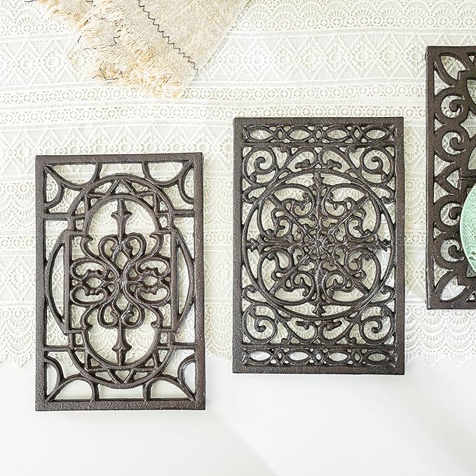 Sungmor Rectangle Cast Iron Trivets, Metal Trivet for Hot Pots and Pans, Heavy Duty Rustic Wood Stove Tea Pot Trivet, Decorative Hot Pot Holder for Kitchen Counter and Dining Table, Vintage Pattern