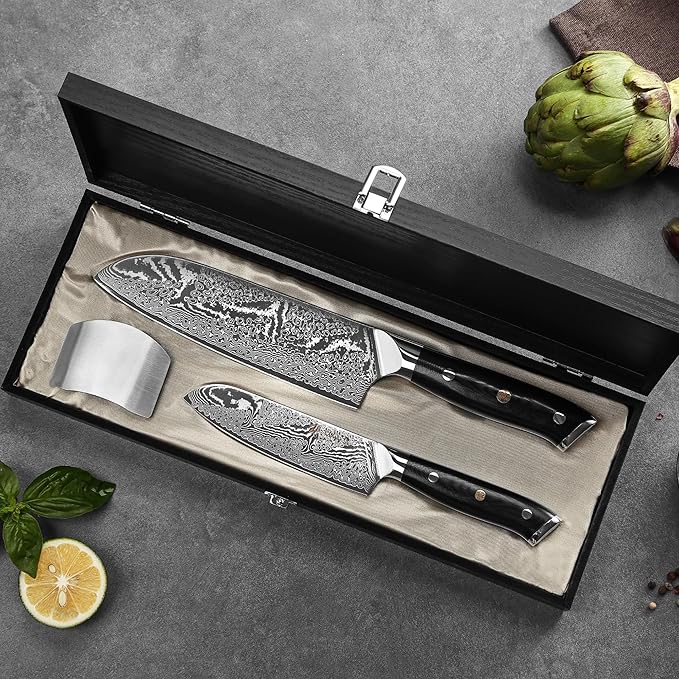 Wakoli Nitoko 2-Piece Kitchen Knife Set – Professional Damascus Chef Knives | 67-Layer VG10 Core Steel | Ergonomic G10 Handle | Santoku Knife & Small Santoku in Wooden Gift Box