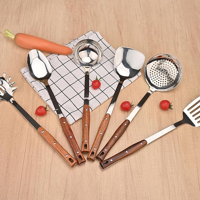 FJNATINH Wok Utensils - Wok Spatula, Soup Ladle, Skimmer, Spaghetti Server, Slotted Turner and Solid Spoon, Stainless Steel Cooking Utensils, Set 6 PCS