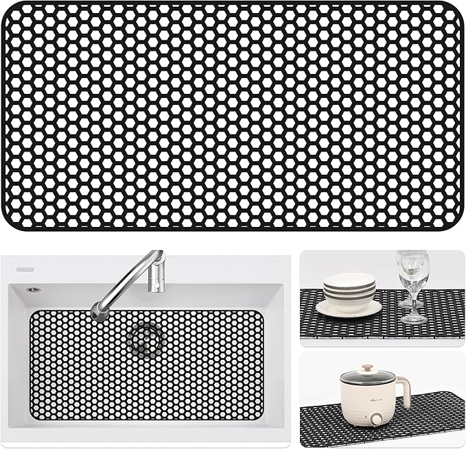 Silicone Sink Protectors for Kitchen Sink - 28.4"x 14.3" Kitchen Protector Accessory, Non-Slip Heat Resistan Mat for Bottom of Farmhouse Stainless Steel Porcelain, Black