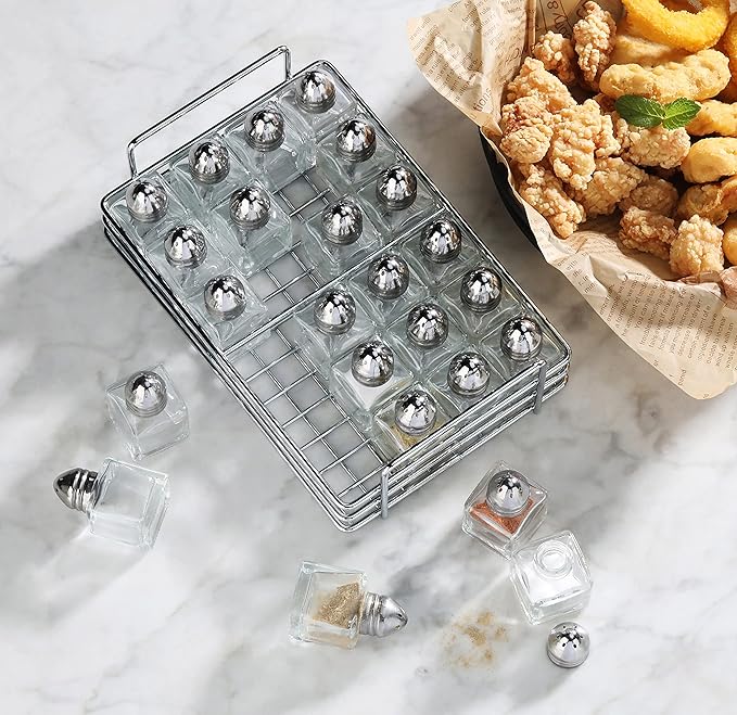 New Star Foodservice Glass Cube Mini Salt and Pepper Shaker (Silver with Rack)