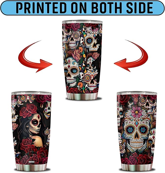 Sugar Skull Gifts for Women Insulated 20oz Stainless Steel Coffee Cup Travel Mug Water Bottle Tumbler With Lid Tattoo Girls Wife Daughter Mom