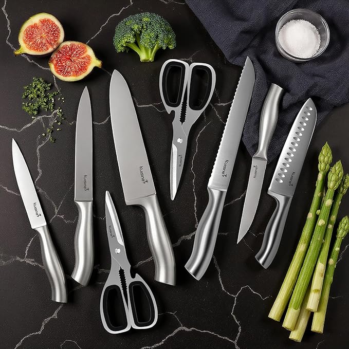 KUISINE Upgraded Premium Chef Knife Set,High Carbon Stainless Steel Razor-sharp Blade Ergonomic Non-slip Steel Handle,Block Knife Set with Built-in Sharpener(Black Silver,15PCS)