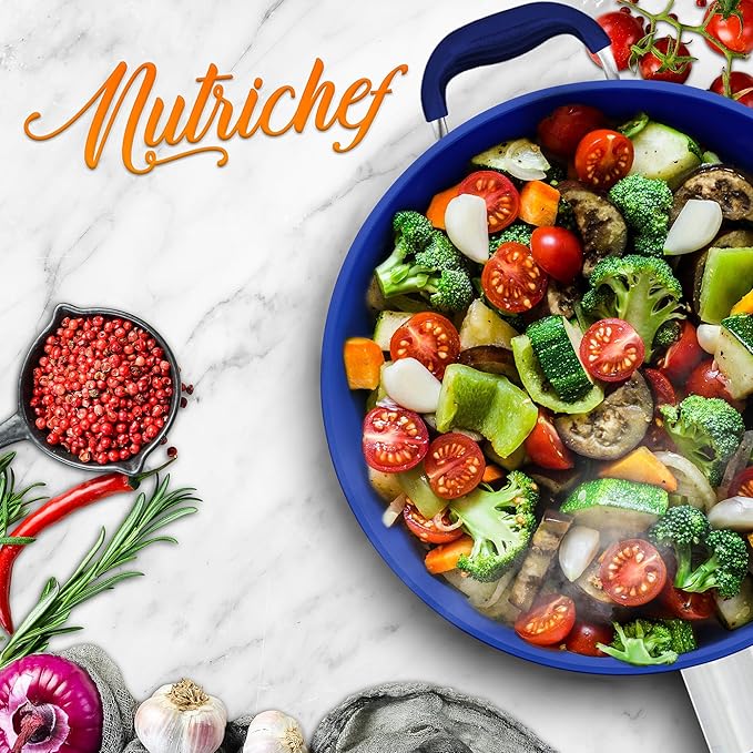 NutriChef 14" Fry Pan With Lid - Extra Large Skillet Nonstick Frying Pan with Silicone Handle, Ceramic Coating, Blue Silicone Handle, Stain-Resistant And Easy To Clean, Professional Home Cookware