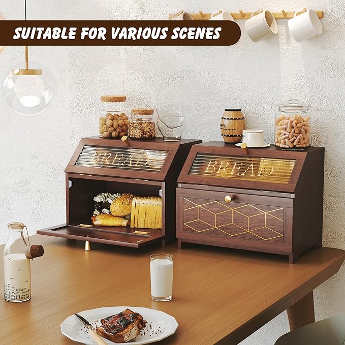 Double Layer Bread Box With Golden Trim for Countertop, Wooden Bread Container for Kitchen Counter, Corner Bread Storage, Brown