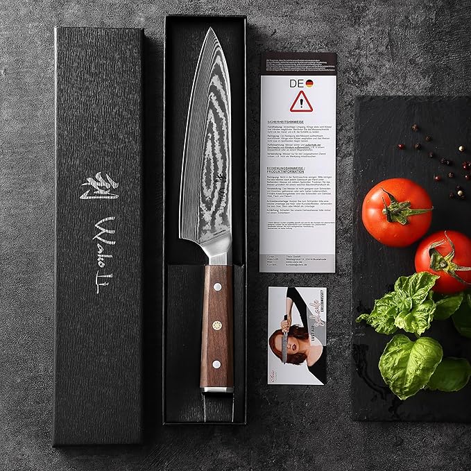 Wakoli HIK Damascus Chef Knife – Full Tang Kitchen Knife | 8-Inch Blade Made of 67-Layer Damascus Steel with VG10 Core | Walnut Wood Handle | Sharp, Durable, Gift Box Included