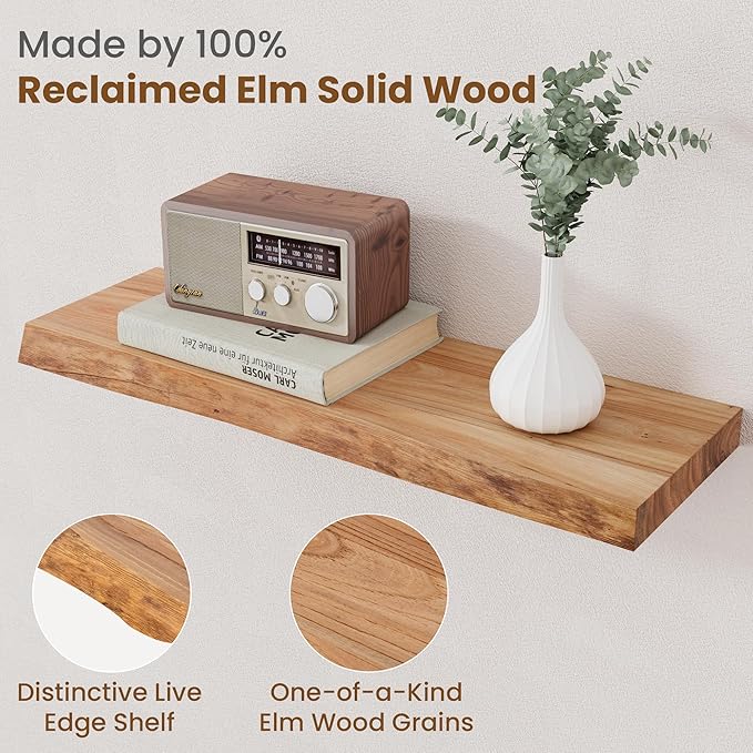 Floating Shelves for Wall Decor, Rustic Solid Elm Wood Live Edge Floating Shelves Wall Mounted, Wall Shelves with Invisible Bracket for Living Room Bathroom Bedroom Kitchen, 24 Inch Set of 2, Natural