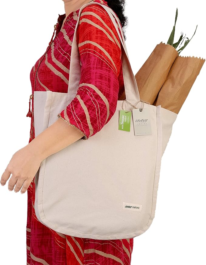 AMOUR INFINI Organic Cotton Grocery Bags with Bottle Sleeve - Set of 1 Foldable & Washable Shoulder Tote Bags with Reinforced Handles & Double-Stitched Arc Edges for Groceries & Everyday Use