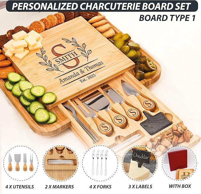 Personalized Charcuterie Board for Christmas, Custom Engraved Large Cheese Board, Perfect Housewarming Gifts for Couples - Women, Customized Wedding, Anniversary, Housewarming & New Home Gifts