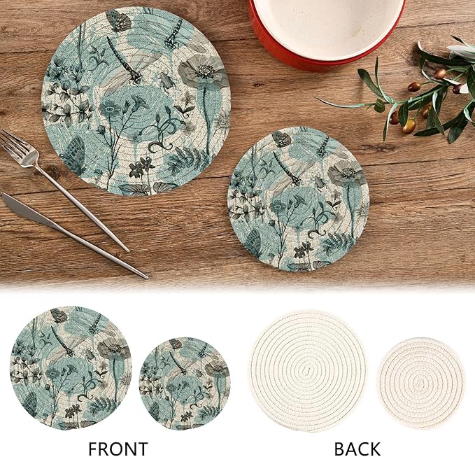 Kitchen Trivets Pot Holders Set of 2, Vintage Butterflies Dragonflies Trivets for Hot Pots Dishes Woven Trivet Coaster Pad Mat for Counter