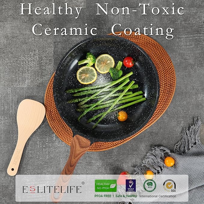 ESLITE LIFE Nonstick Ceramic Frying Pans Skillets Set with Lids, Non-Toxic Egg Omelette Kitchen Cooking Pans Compatible with All Stovetops (Gas, Electric & Induction), PTFE & PFOA Free (Black)