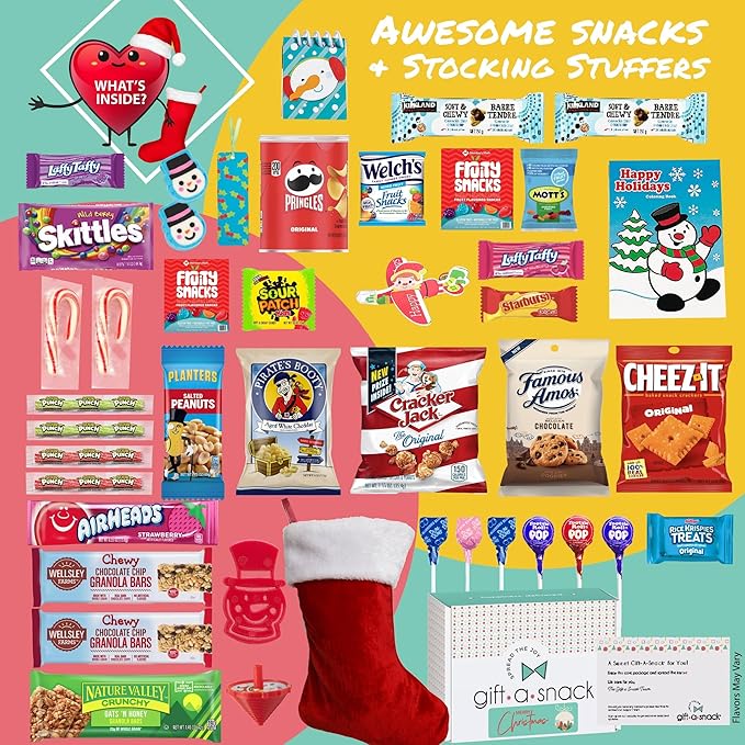Gift A Snack - Christmas Stocking Stuffed, Pre-filled Holiday Snack Box Care Package + Greeting Card (40 Count) Sweet Treats Gift Basket, Candies Chips Cravy Food Assortments & Variety Gifts