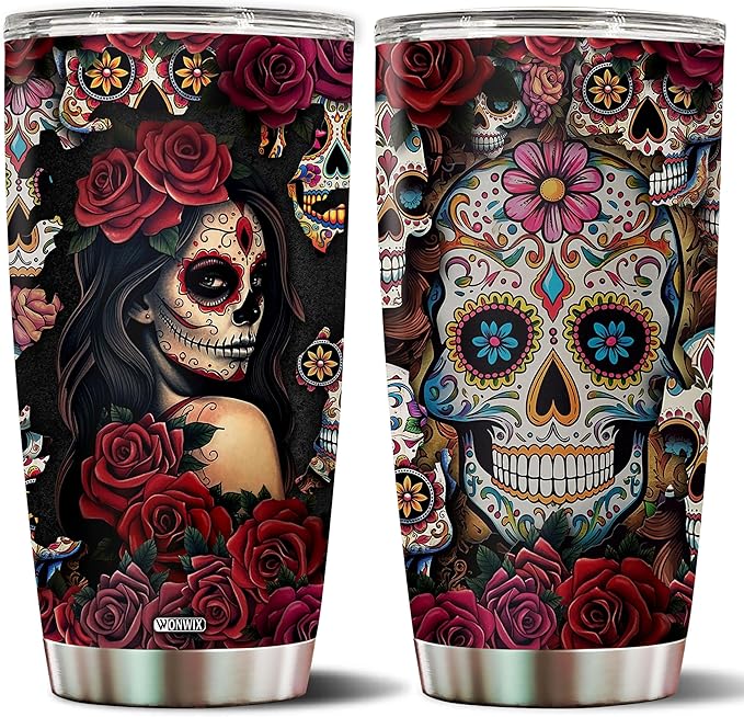 Sugar Skull Gifts for Women Insulated 20oz Stainless Steel Coffee Cup Travel Mug Water Bottle Tumbler With Lid Tattoo Girls Wife Daughter Mom