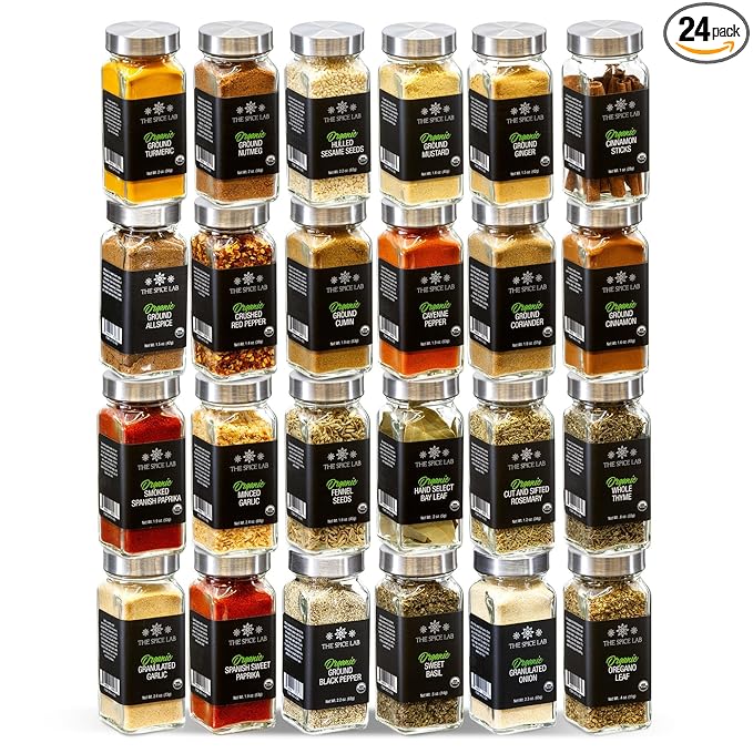 The Spice Lab Ultimate Organic Spices and Seasonings Set - 24 French Jars Starter Spice Kit for Cooking, Grilling & BBQ - Variety Pack with Unique Glass Jars - Gourmet Seasoning Gift Set for All Chefs