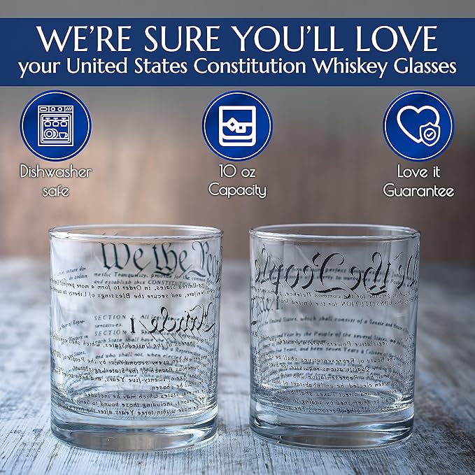 Greenline Goods Whiskey Glasses – United States Constitution We The People (Set of 2) - 10 oz Tumblers - American US Patriotic Gift Set - Old Fashioned Cocktail Glasses