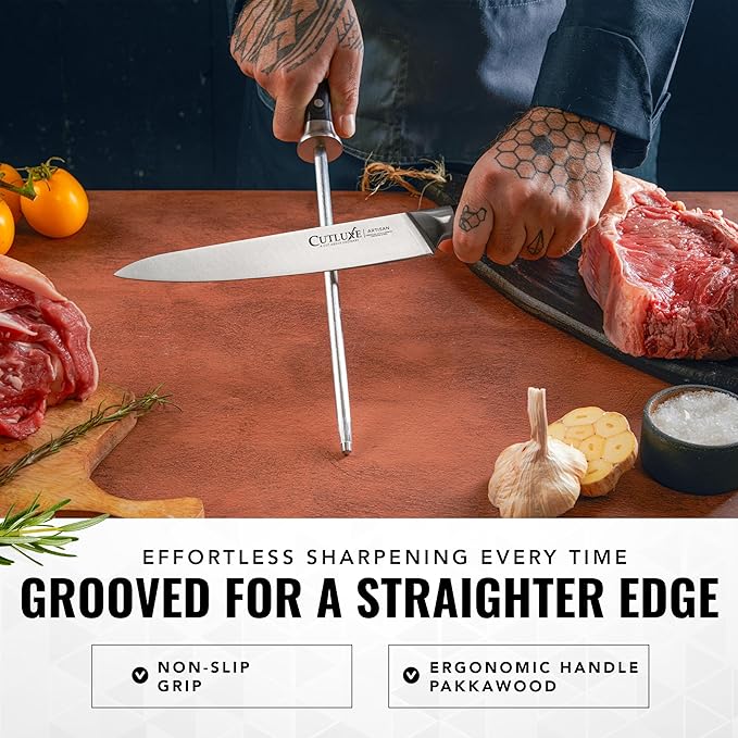 Cutluxe Honing Rod, Knife Sharpener Rod – 10" Honing Steel – Ergonomic Handle Design, Grilling Gifts for Men – Artisan Series