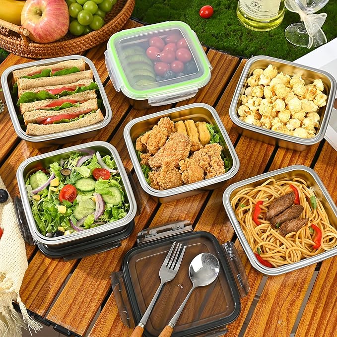 2 Pack 24oz Stainless Steel Sandwich Containers with Airtight Leak-Proof Lids, Reusable Metal Lunch Boxes for Meal Prep, Bento, Snack, Travel & Family, BPA-Free Dishwasher Safe (Green, Black)
