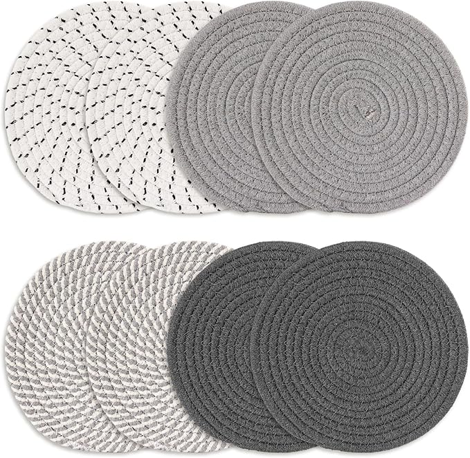 8 Inch Cotton Rope Trivets for Hot Dishes Set of 8 Heat Resistant Mats for Countertop Potholders for Kitchens Trivets for Hot Pots and Pans and Quartz Countertops Farmhouse Kitchen Décor, Grey Set