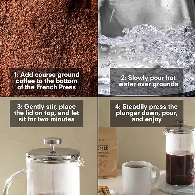 Public Goods 34 oz. French Press Coffee Maker | 1 Liter High-Heat Borosilicate Glass French Press | Stainless Steel Lid | Heat-Resistant, Durable, Dishwasher Safe