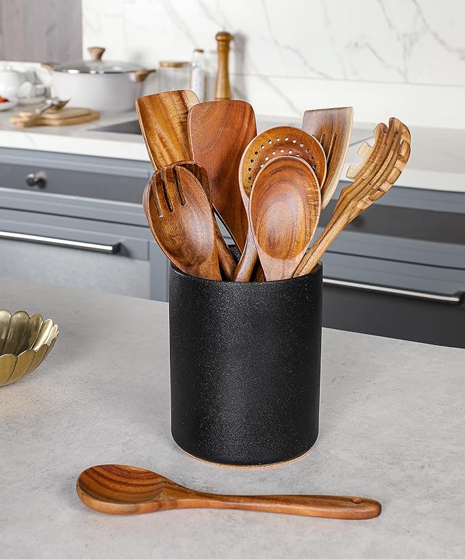 Nucookery Wooden Cooking Utensils Set with Holder, Teak Wood Utensils, Ceramic Holder for Countertop with Protection Cork Bottom, Nonstick Spoons, Spatula Set, 10 Pcs Kitchen Decor, (Stone Black)