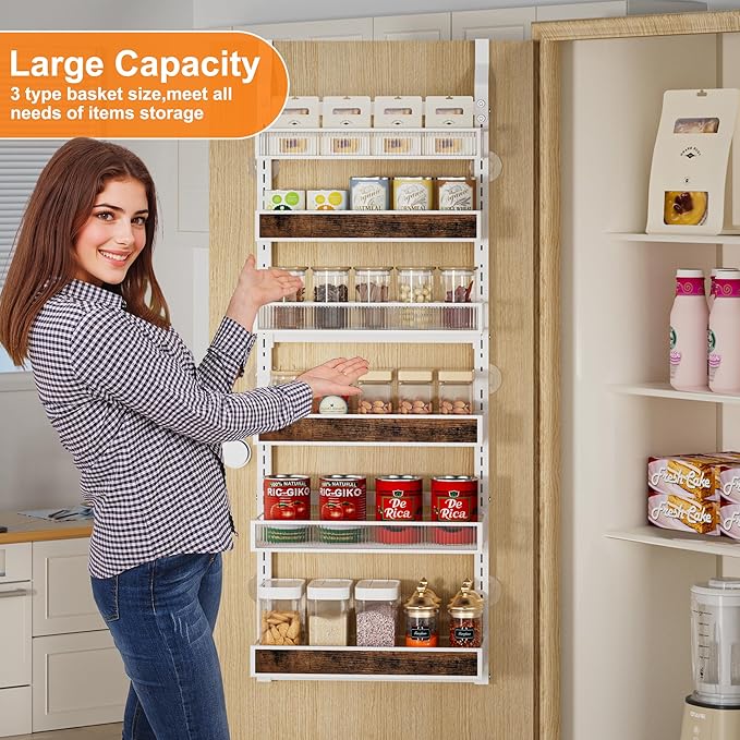 Over The Door Pantry Organizer,6 Tier Hanging Door Spice Rack with Adjustable Wood Basket and Acylic Basket,Metal Heavy Duty Door Storage Shelf for Kitchen Pantry and Bathroom